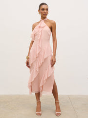 Aria Halterneck Ruffle Midaxi Dress - Dusty Rose