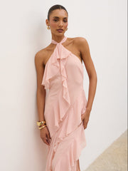 Aria Halterneck Ruffle Midaxi Dress - Dusty Rose