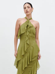 Aria Halterneck Ruffle Maxi Dress - Dark Olive