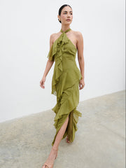 Aria Halterneck Ruffle Maxi Dress - Dark Olive