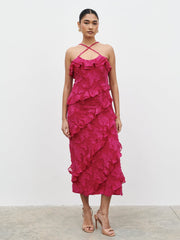 Aryana Jacquard Ruffle Midaxi Dress - Berry
