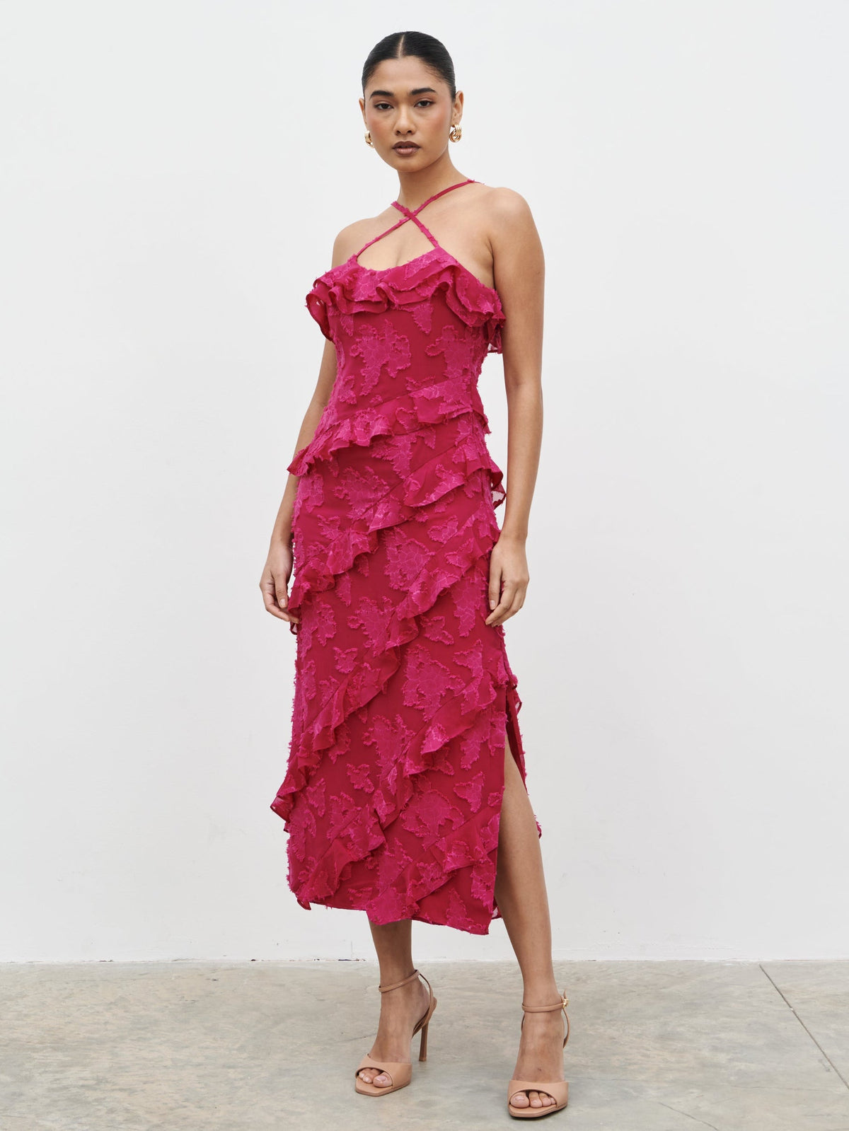 Aryana Jacquard Ruffle Midaxi Dress - Berry