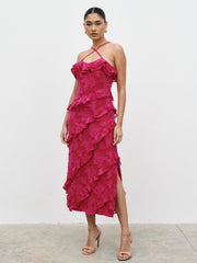 Aryana Jacquard Ruffle Midaxi Dress - Berry