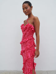 Aryana Jacquard Ruffle Midaxi Dress - Fuchsia