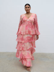 Ashton Ruffle Maxi Dress Curve - Dusky Rose Watercolour