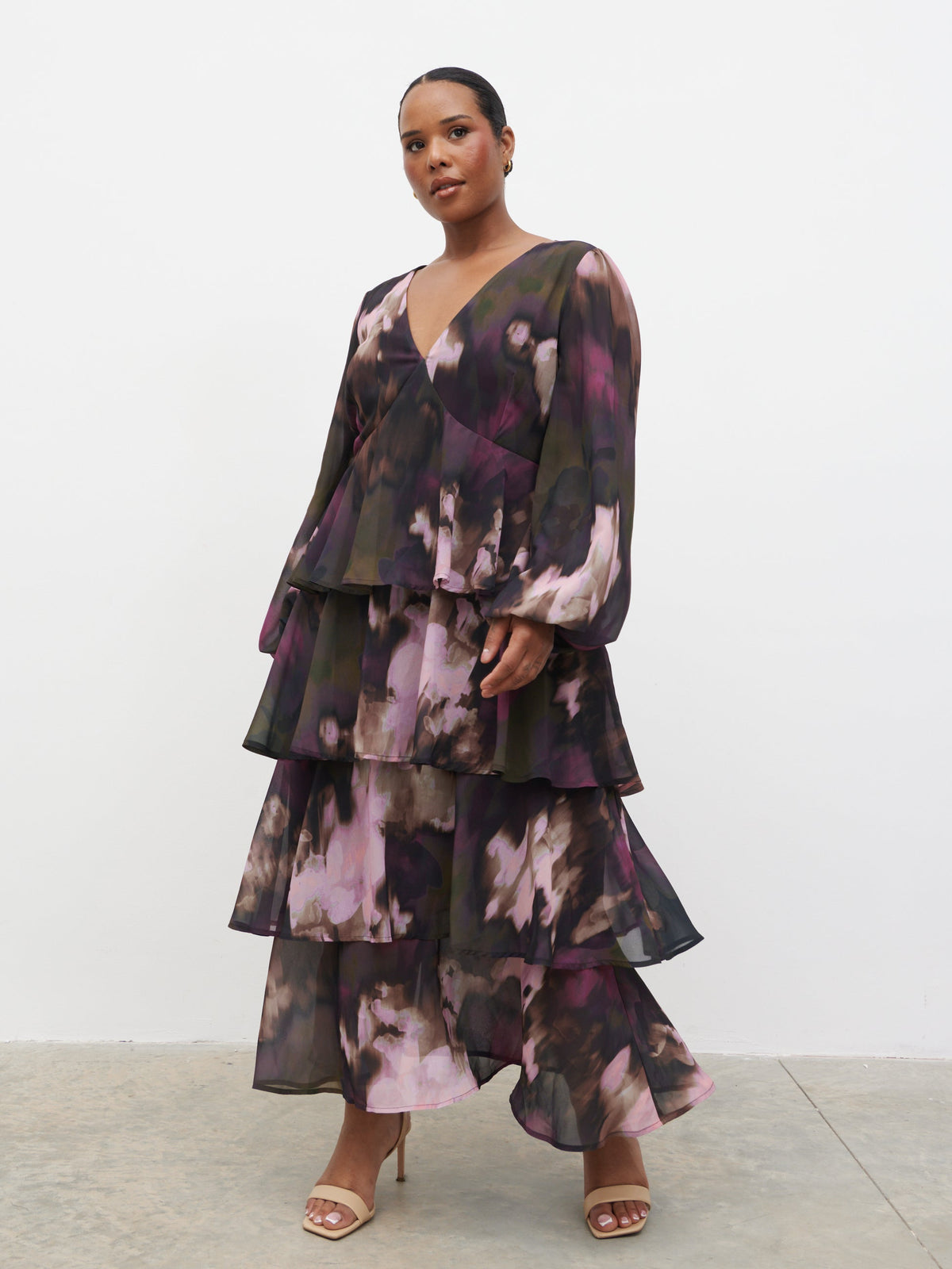 Ashton Ruffle Midi Dress Curve - Purple and Khaki Ombre