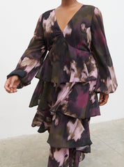 Ashton Ruffle Midi Dress Curve - Purple and Khaki Ombre