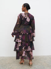 Ashton Ruffle Midi Dress Curve - Purple and Khaki Ombre