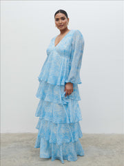 Ashton Ruffle Maxi Dress Curve - Blue Swirl