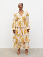 Ashton Ruffle Midaxi Dress Curve - Yellow Ochre Floral