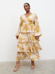 Ashton Ruffle Midaxi Dress Curve - Yellow Ochre Floral