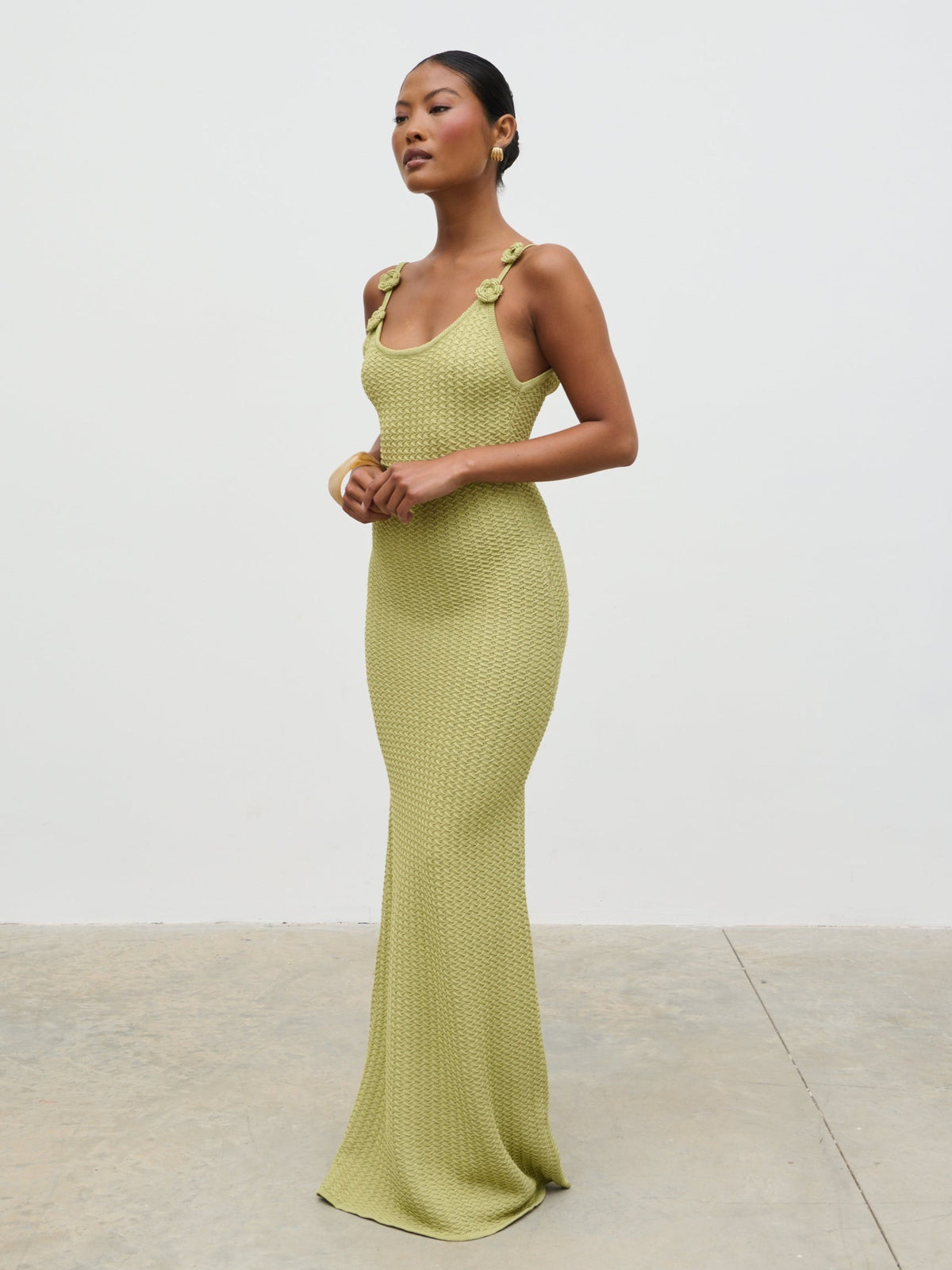 Astrid Rosette Sleeve Knit Maxi Dress - Green