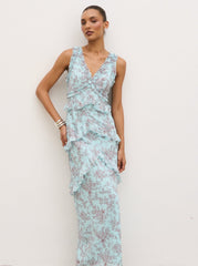 Aurelia Ruffle Maxi Dress - Seaspray and Brown Floral