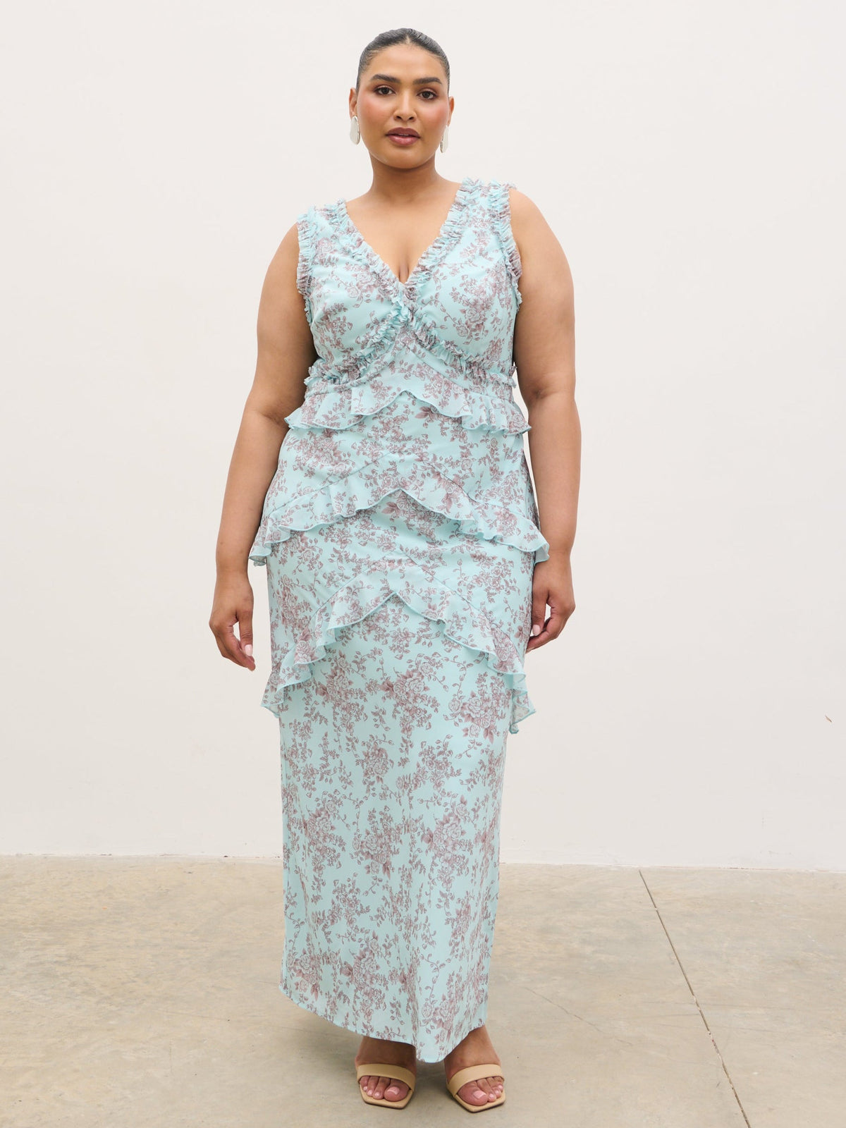 Aurelia Ruffle Maxi Dress Curve - Seaspray and Brown Floral