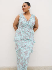 Aurelia Ruffle Maxi Dress Curve - Seaspray and Brown Floral