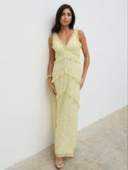 Aurelia Ruffle Maxi Dress - Lime Ditsy Floral