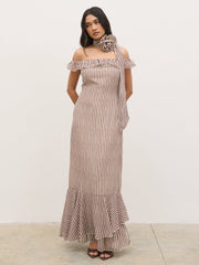 Aveline Bardot Maxi Dress - Brown and Cream Stripe