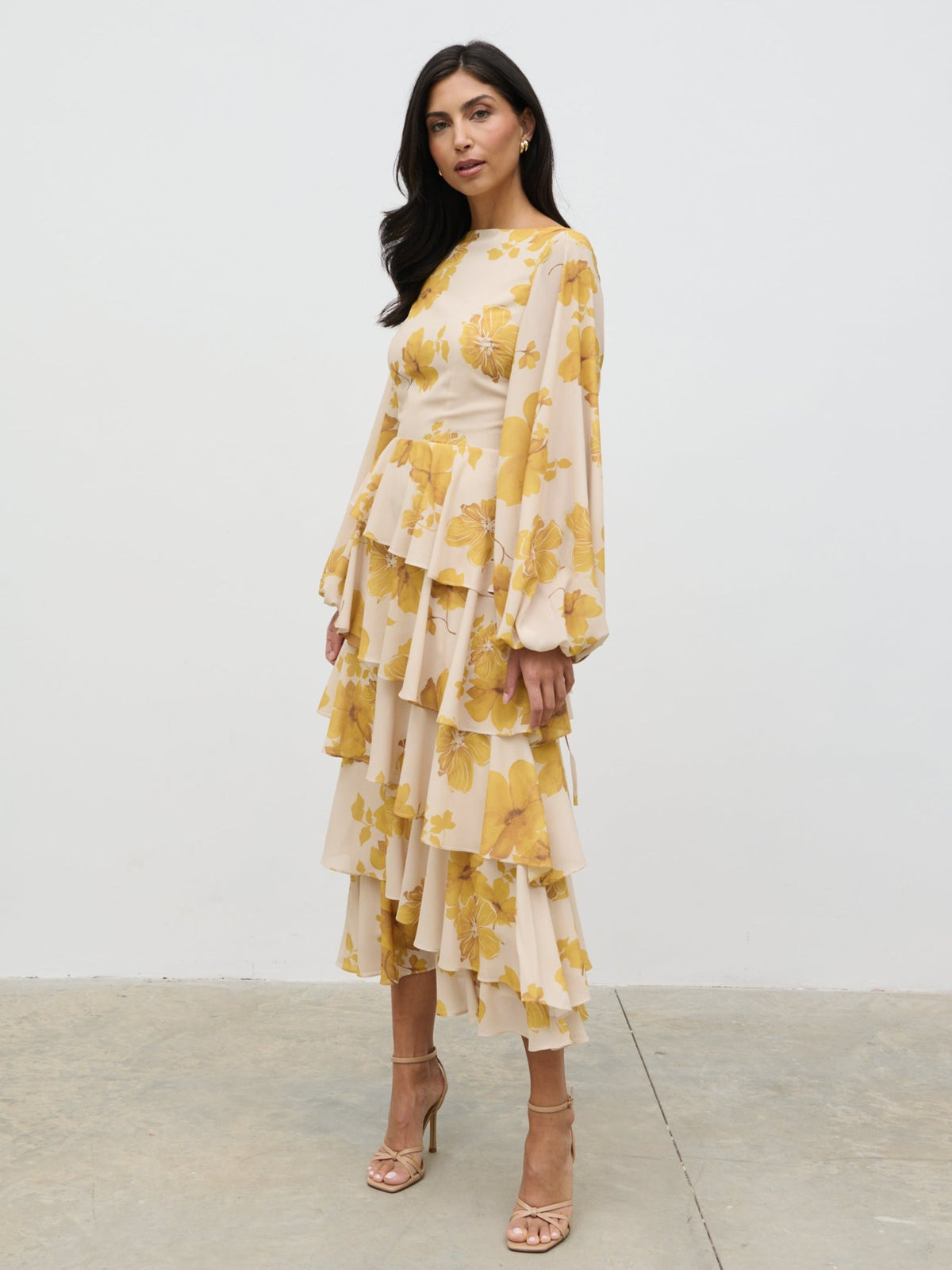 Beatris Backless Ruffle Midaxi Dress - Yellow Ochre Floral