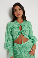 Bec Drawstring Top - Green Abstract Floral