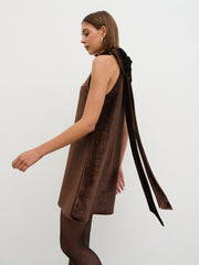 Bella Bow Velvet Mini Dress - Brown