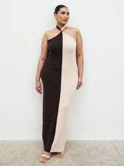 Berkley Contrast Knit Maxi Dress Curve - Beige and Chocolate Brown