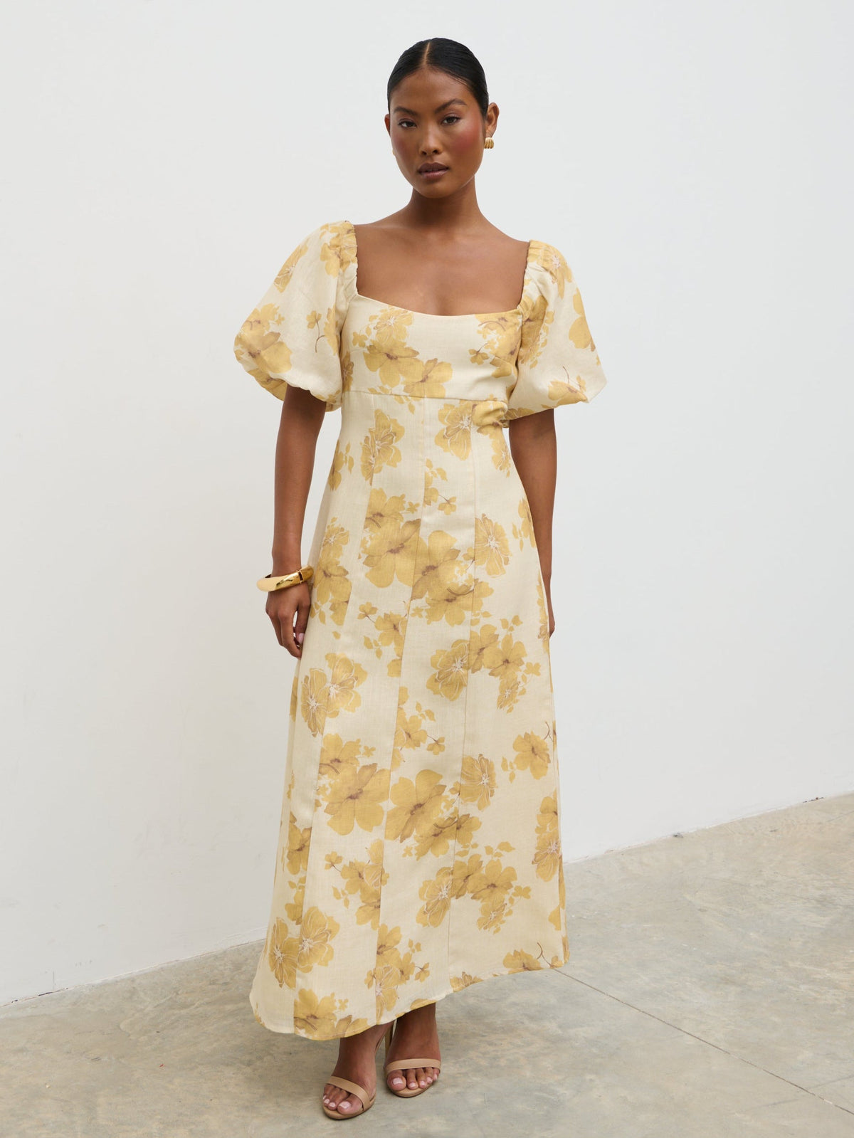 Bette Printed Puff Sleeve Midaxi Dress - Yellow Ochre Floral