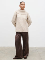 Blossom Cable Knit Exaggerated Roll Neck Jumper - Light Beige