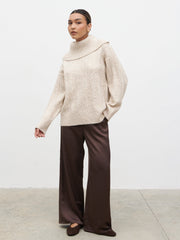 Blossom Cable Knit Exaggerated Roll Neck Jumper - Light Beige