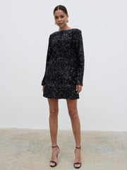 Bow Sequin Shift Dress - Black