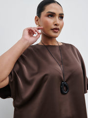 Breya Boxy Satin T-Shirt Curve - Chocolate Brown