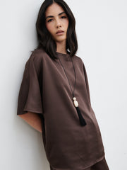 Breya Boxy Satin T-Shirt - Chocolate Brown