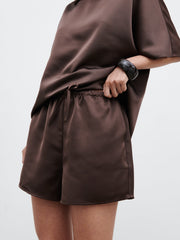 Breya Satin Drawstring Shorts - Chocolate Brown
