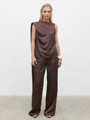 Breya Scarf Satin Top - Chocolate Brown