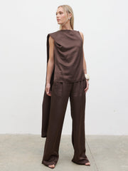 Breya Scarf Satin Top - Chocolate Brown