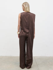 Breya Scarf Satin Top - Chocolate Brown