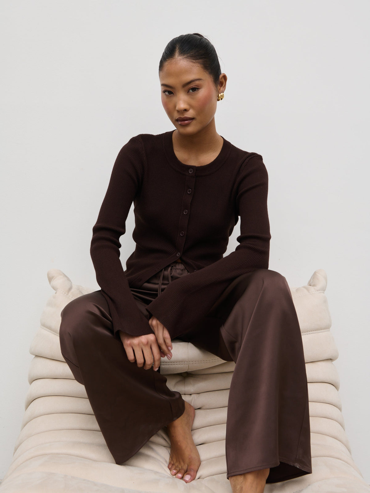 Breya Satin Drawstring Trousers - Chocolate Brown