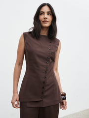 Brylee Asymmetric Button Waistcoat - Brown