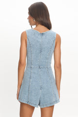 Chapelle V-Neck Button Romper Denim Blue