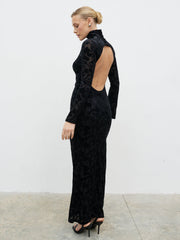 Caitlin Flocked Backless Maxi Dress - Black