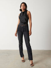 Callie Asymmetric Fringed Top - Black