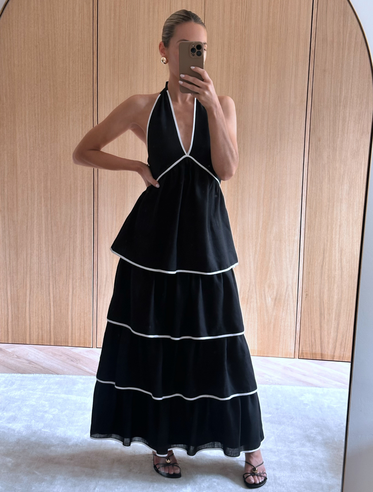 Miri Halterneck Contrast Tiered Midaxi Dress - Black and Cream