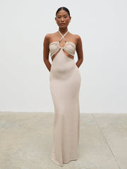 Candice Halterneck Beaded Knit Maxi Dress - Stone