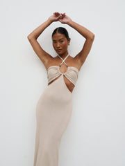 Candice Halterneck Beaded Knit Maxi Dress - Stone