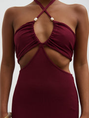 Candice Halterneck Beaded Knit Maxi Dress - Wine
