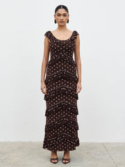 Cecile Ruffle Mesh Maxi Dress - Brown and Cream Polkadot