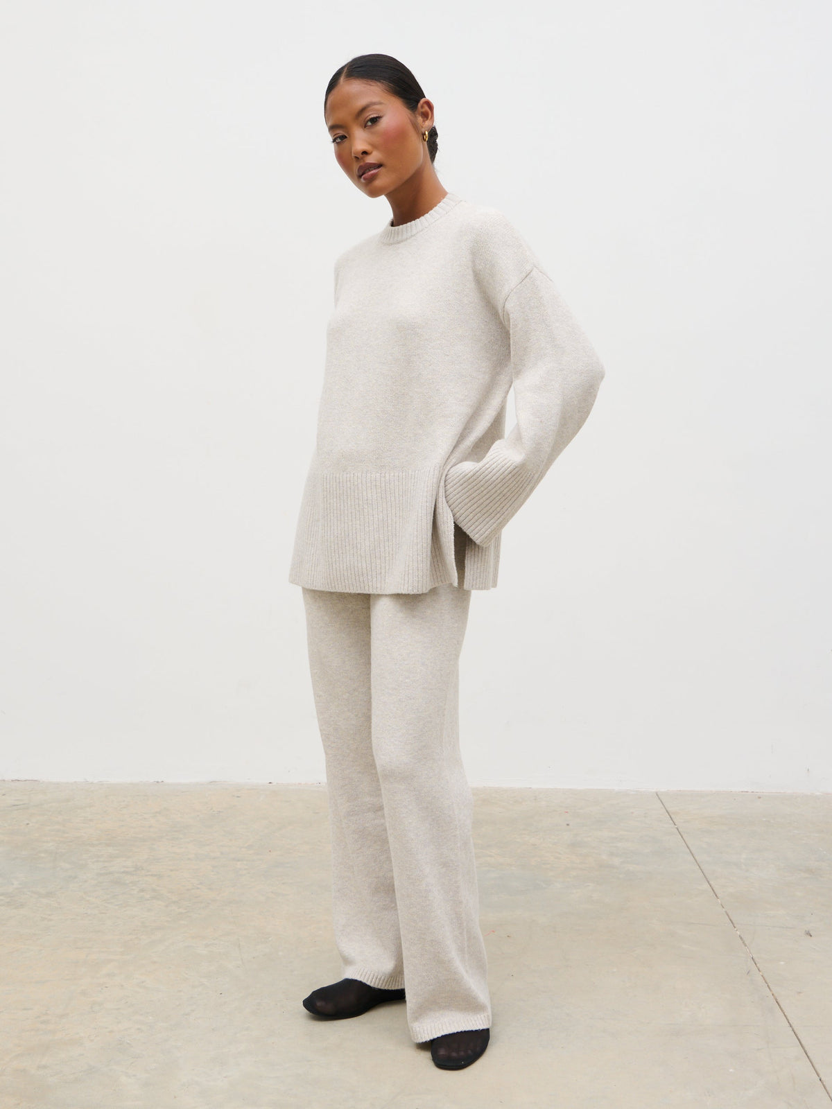 Chelsea Knit Trousers with Folded Waistband - Beige
