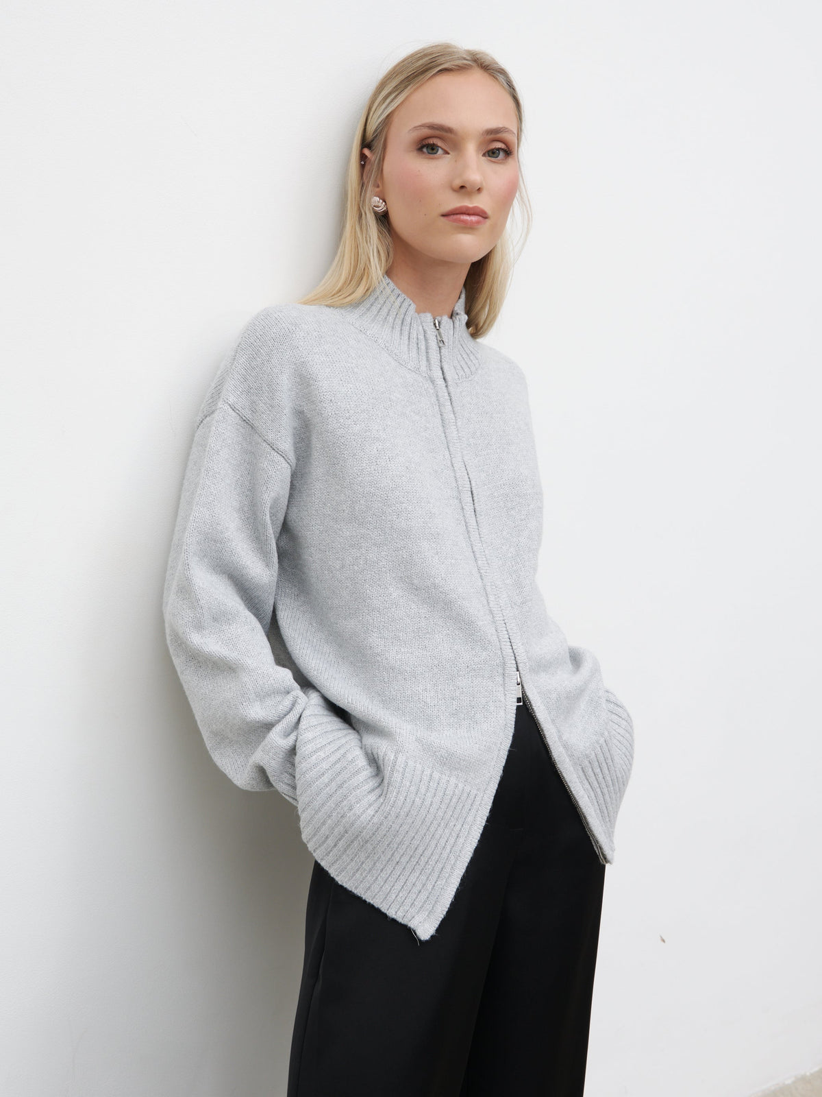 Claudia Double Ended Zip Knit Cardigan - Light Grey