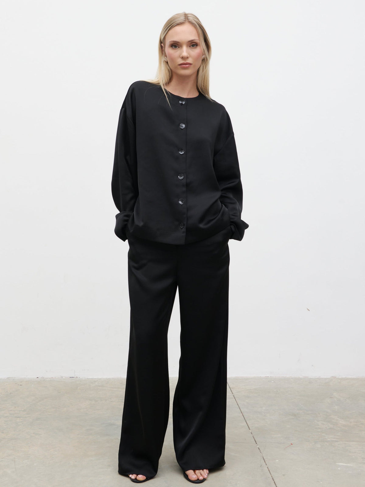 Dua Satin Button Blouse - Black