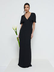 Edie Chiffon Short Sleeve Maxi Bridesmaid Dress - Black