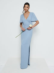 Edie Chiffon Short Sleeve Maxi Bridesmaid Dress - Dusty Blue